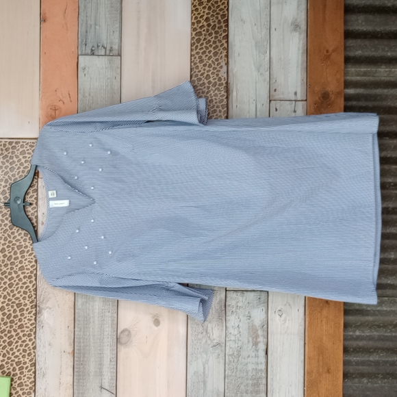 NWOT Tacera PL Blue and White Striped Dress w/ Faux Pearl Beading & Bell Sleeves - Picture 2 of 13